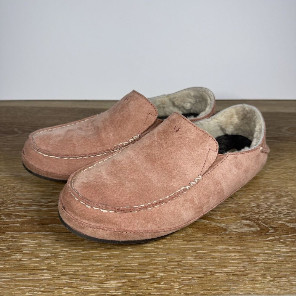Olukai Nohea Nubuck Slipper Moccasin Womens 8 Pink Suede Shearling Lined Slip On